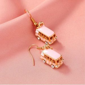 Bus Shape Gold Rhinestone Dangle Earrings Pink